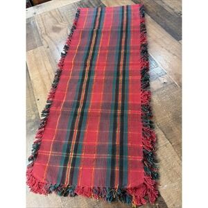 VTG Renaissance Plaid Table Runner Woven Red Green‎ Gold Fringe Holiday Festive